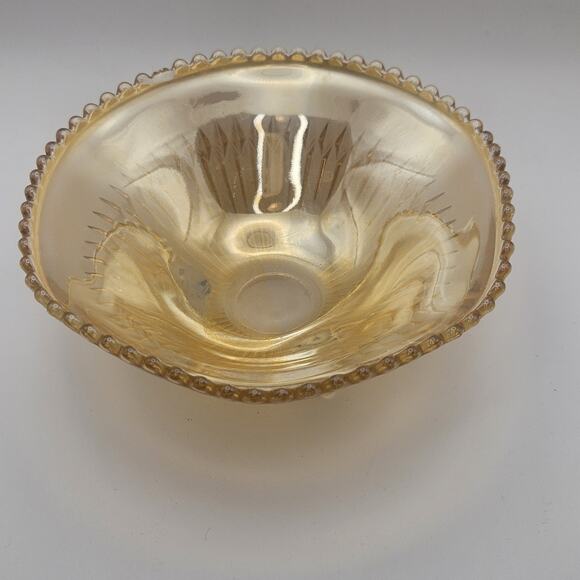 Vtg Carnival Glass Candy Dish Amber Three Footed Beaded Rim Diamond Pointed Ribs - Picture 4 of 8